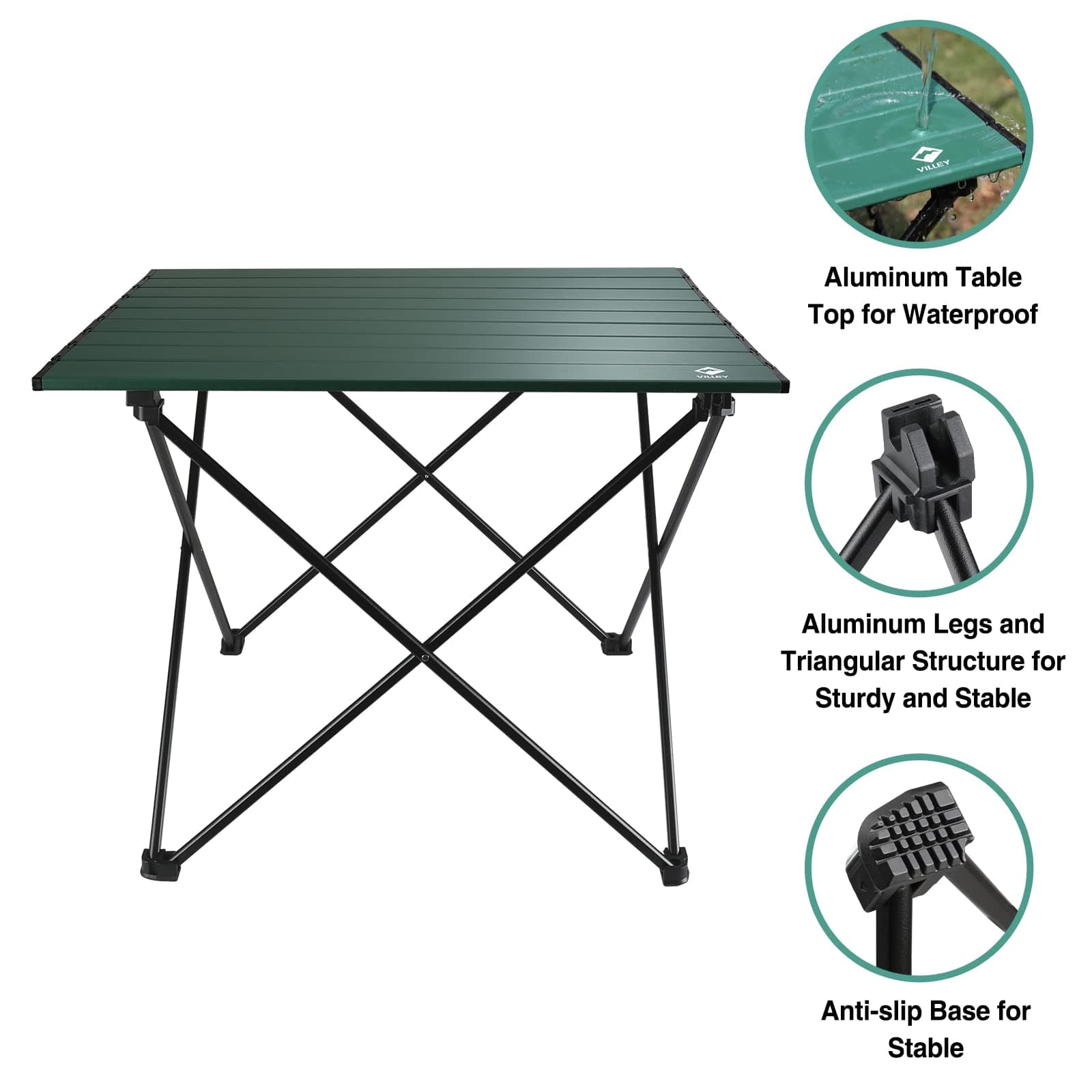 VILLEY Portable Camping Side Table, Ultralight Aluminum Folding Beach Table with Carry Bag for Outdoor Cooking, Picnic, Camp, Boat, Travel - Green