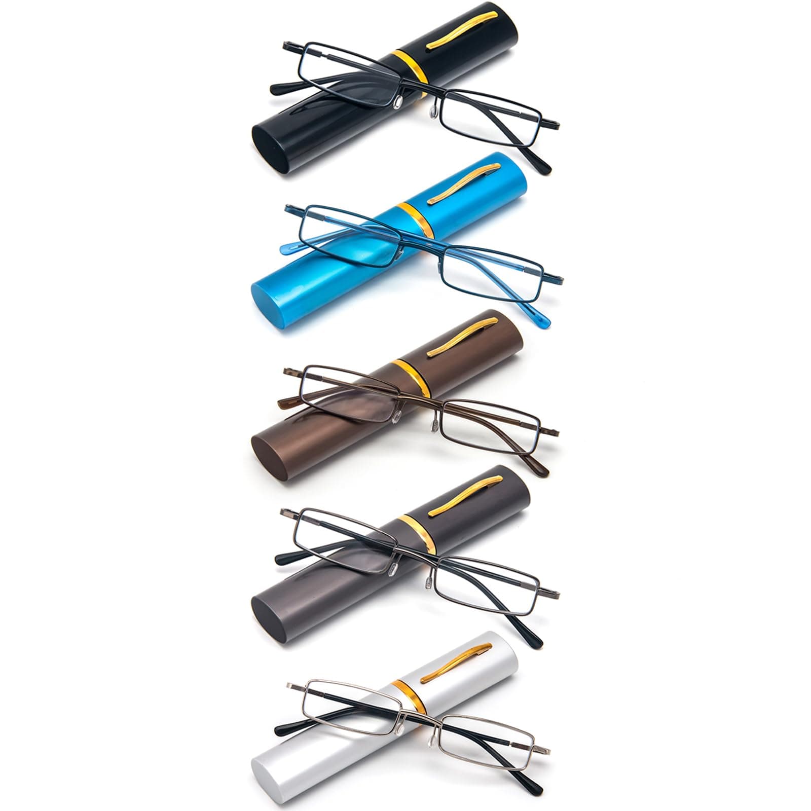 REAVEE 4 Pack Slim Pen Pocket Reading Glasses Blue Light Blocking for Women Men Metal Spring Hinge with Portable Compact Case