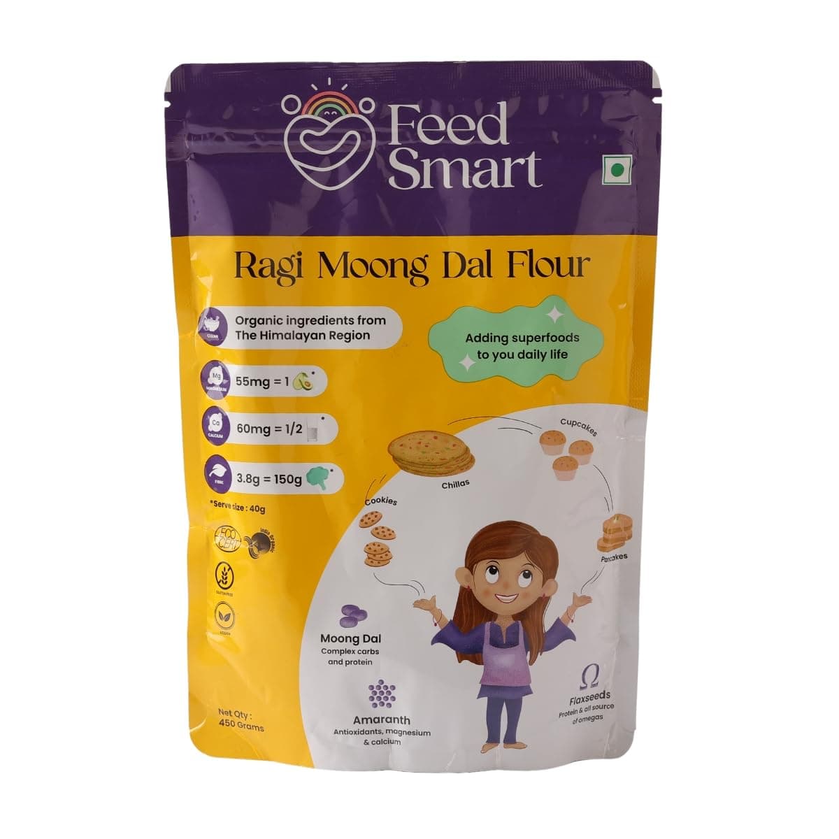 Feed Smart Nutrient-Rich Flour Blend| Moong Dal | Ragi | Red Rice | Amaranth | Beetroot | Roasted Almond & Flaxseed | Baking Soda | Ginger | Vanilla & Pepper Powders - Pack of 1 (450g)