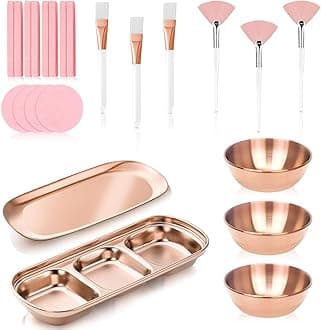 23 Pcs Rose Gold Esthetician Supplies 3 Stainless Steel Facial Mask Mixing Bowls 3 Facial Fan Brushes 3 Flat Brushs Skincare Tray 3-Compartment Serving Tray 12 Compressed Facial Sponges for Skin Care