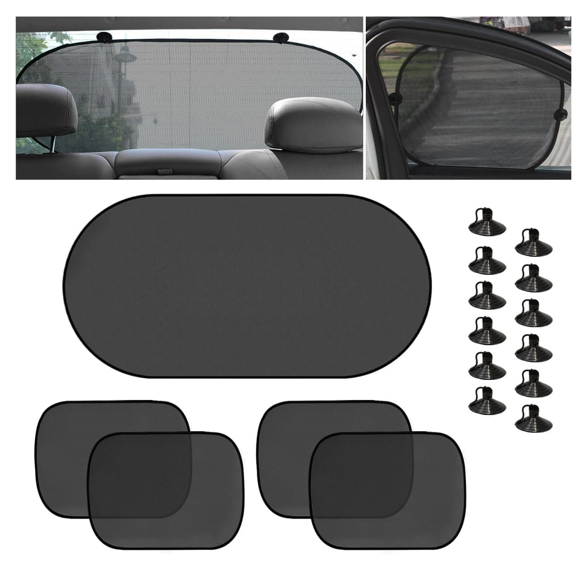 Car Window Shade, 39"×19" Auto Rear Window Sunshade Protector with 4 Side Window Shades, Mesh Sun Shield Cling Blocks Sun, Glare and UV Rays, Universal Car Accessories