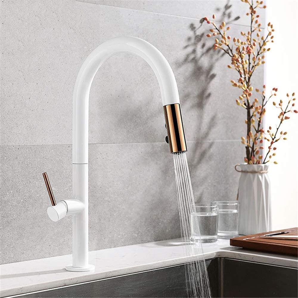YEE Pull Out Kitchen Faucet, Rose Gold And White Sink Mixer Tap, 360 Degree Rotation Kitchen Mixer Taps Kitchen Tap
