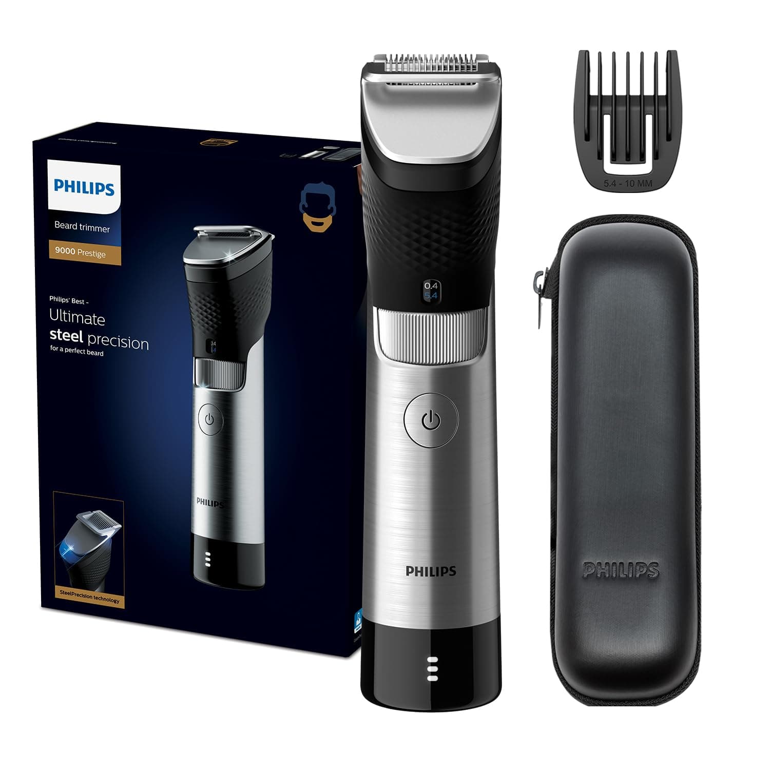 Beard Trimmer BT9810 | Ultimate Precision with Built-In Metal Comb | Self-Sharpening Steel Blades, 30 Length Settings | Steel Body, Battery Indicator | 120min Cordless, Waterproof, Travel Case