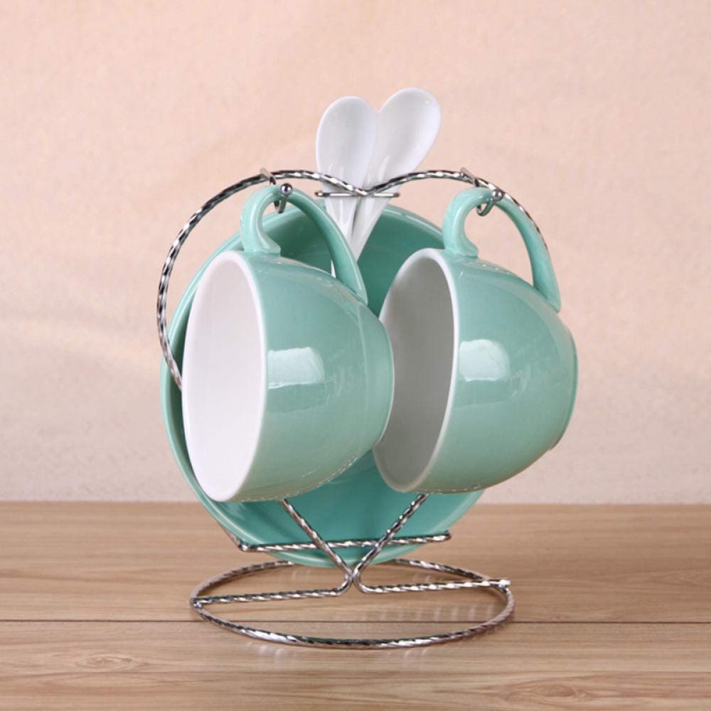 CupHome coffee setCeramic coffee cup set cappuccino latte coffee cup 2 cups 2 saucers with spoon-Bright 2 cups and saucers iron frame-bean green