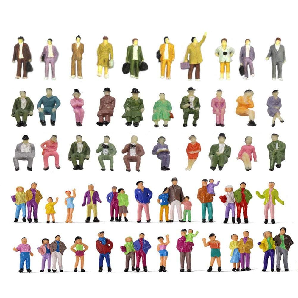 Hiawbon 50 Pcs Tiny Sitting and Standing Delicate Hand Painted People Model Train Park Street Figures for Miniature Scenes, 1:87 Scale