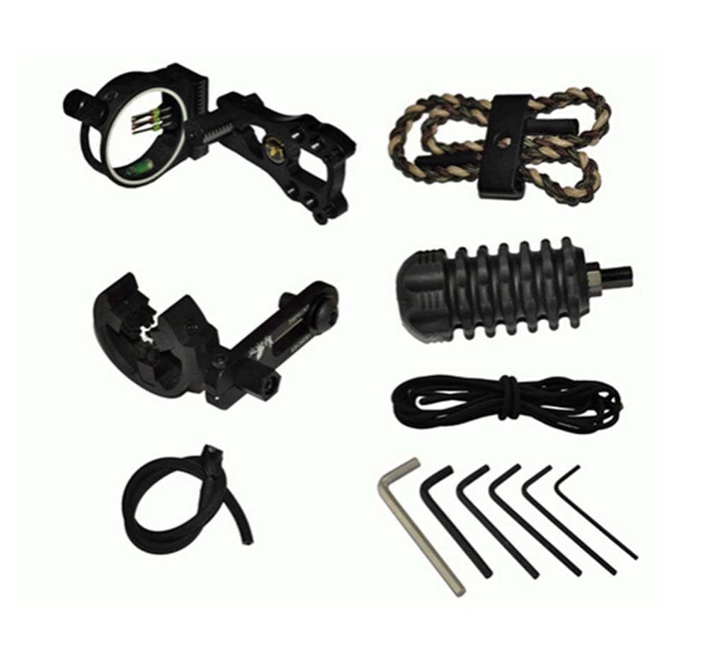 Danay Hot Sell Archery Upgrade Combo, 5 Pin Bow Sight with Level and Light, Arrow Rest, Stabilizer, Sling, Peep