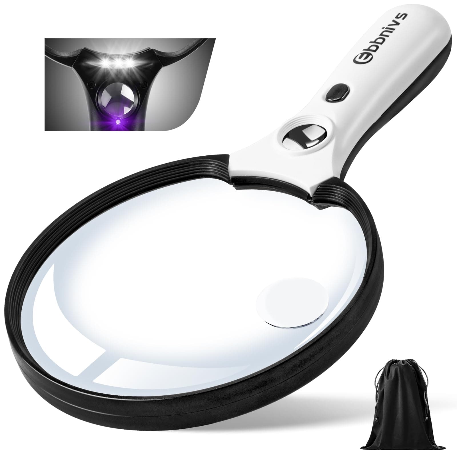 Large Magnifying Glass with Light, 10X 20X 45X Handheld with 3 LED Lights 1UV Light Storage Bag Clean Cloth for Seniors Reading Inspection