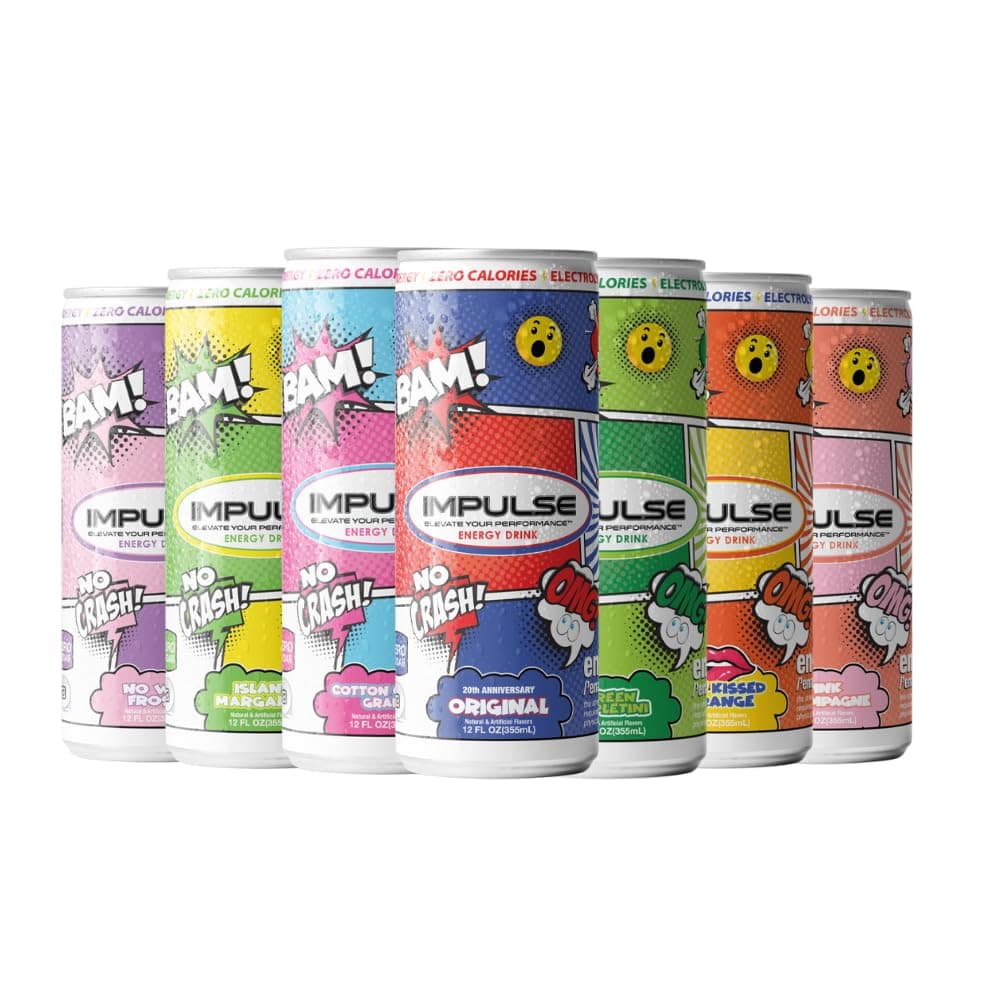 IMPULSE Energy Drink, Great Tasting, Boost Energy, No Crash, Zero Sugar, Packed With BCAA Aminos, Electrolytes, Fitness & Energy Drink (12 Cans, Variety Pack)