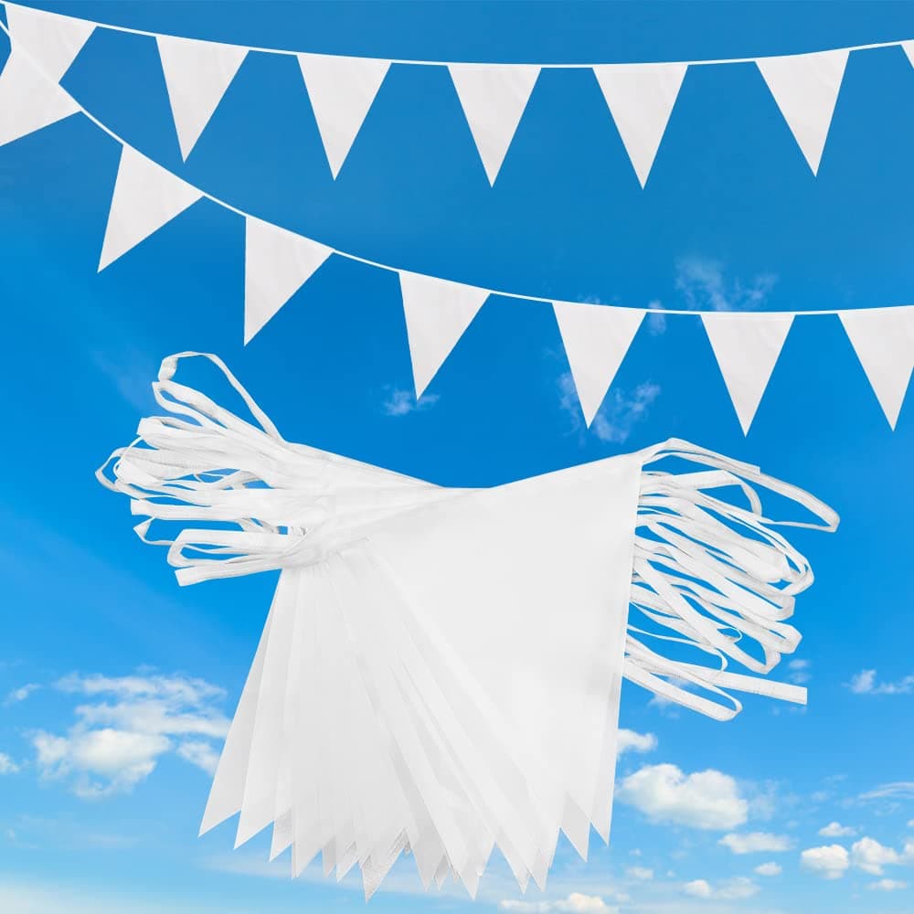 20m 52pcs White Pennant Bunting,Polyester Fabric Reusable Triangle Flags Banner for Indoor Outdoor Birthday Party Wedding Decorations