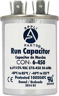 Appli Parts Condensador Capacitor de Marcha 6 Mfd uF (microfaradios) 370VAC o 450VAC CBB65 Universal Aire acondicionado y otras aplicaciones Redondo UL E476928 6.4cm Alto 3.7cm Ancho