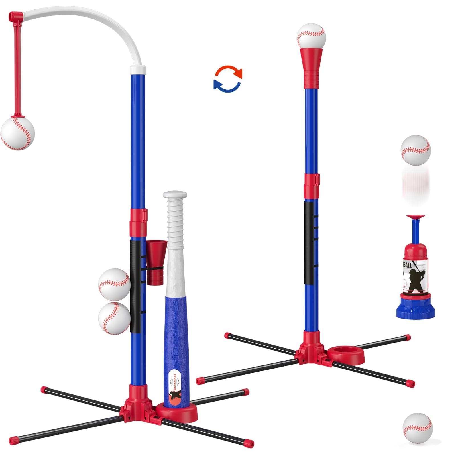 HYES 3-in-1 Baseball Set for Kids 3-5 - Tee Ball Stand, Hanging Tee, Ball Launcher and 6 Softballs - Adjustable Height, Indoor/Outdoor Sport Gifts for Boys Girls, Blue