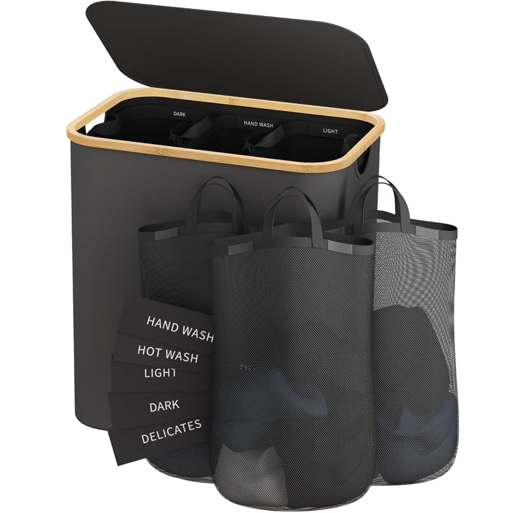 Laundry Hamper with Lid, 160L Dirty Clothes Hamper for Laundry Basket 3 Section, Extra Large Laundry Sorter Hamper 3 Compartment with Removable Inner Bags & Labels, Dark Grey