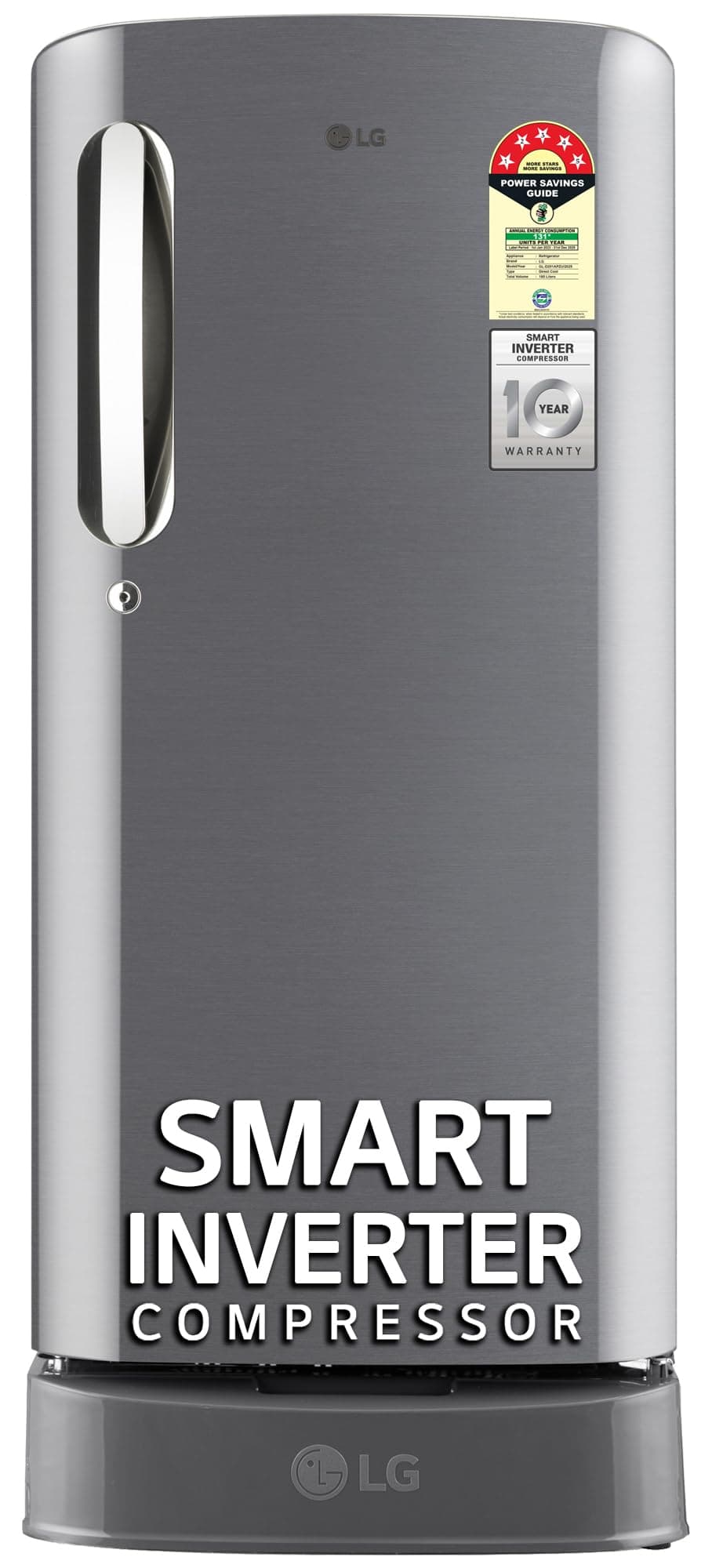 LG 185 L, 5 Star, Smart Inverter Compressor, Direct-Cool Single Door Refrigerator (GL-D201APZU.BPZZEBN, Shiny Steel, Base stand with drawer & Fast Ice Making)