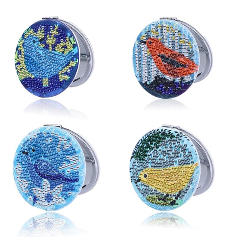 4 Pack Diamond Painting Birds Full Round Drill Compact Mirror Mini Make-up Mirror Portable Folding Double-Sided 1X/10X Magnification, Pocket Ultra Portable for Purses and Travel ,Handbag,Gift