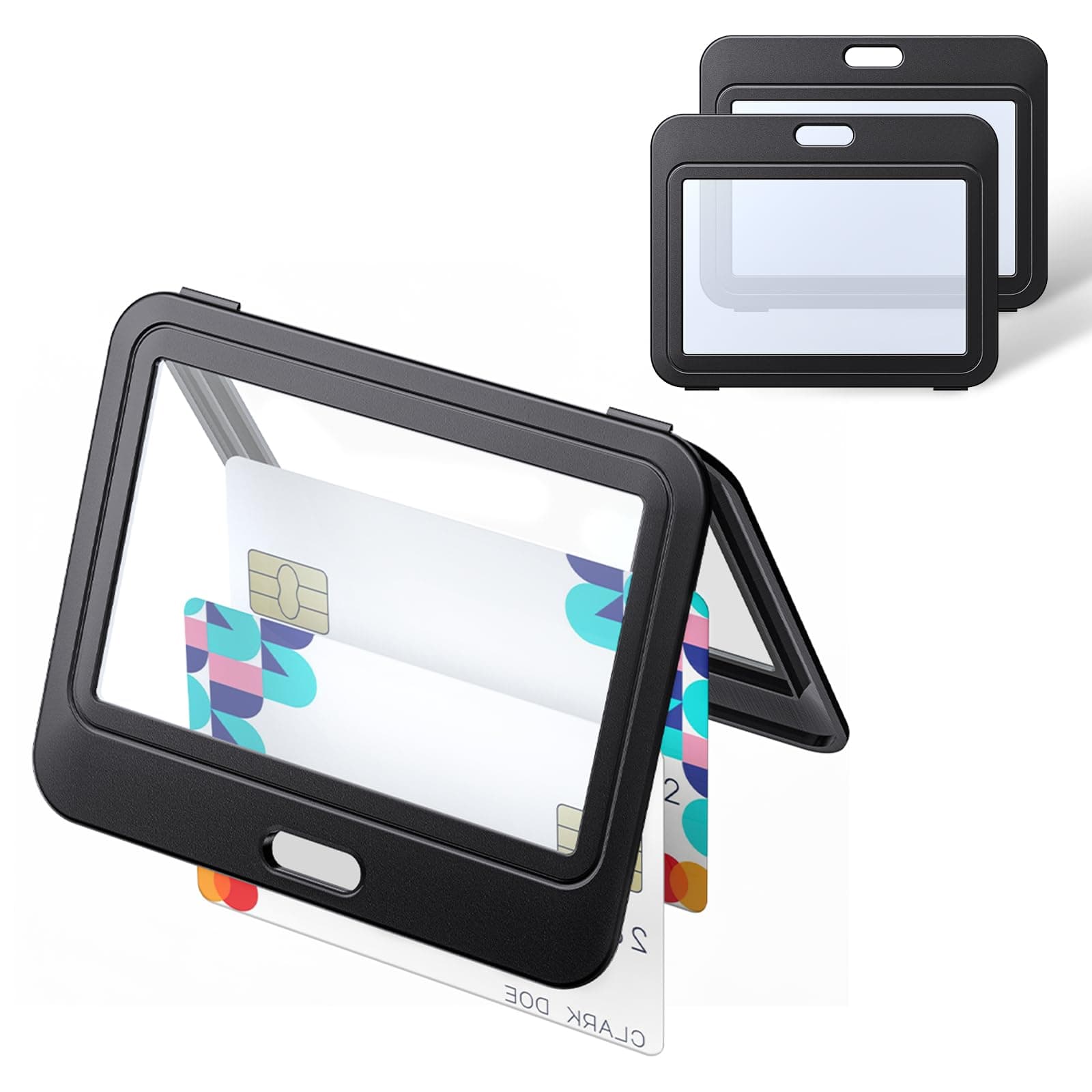 Uniclife 3 Pack ID Badge Holder with Double-Sided Windows Horizontal Hard Plastic Case Black Card Protector Pouch for Office School ID Credit Cards Proximity Key Cards Driver’s Licenses and Passes