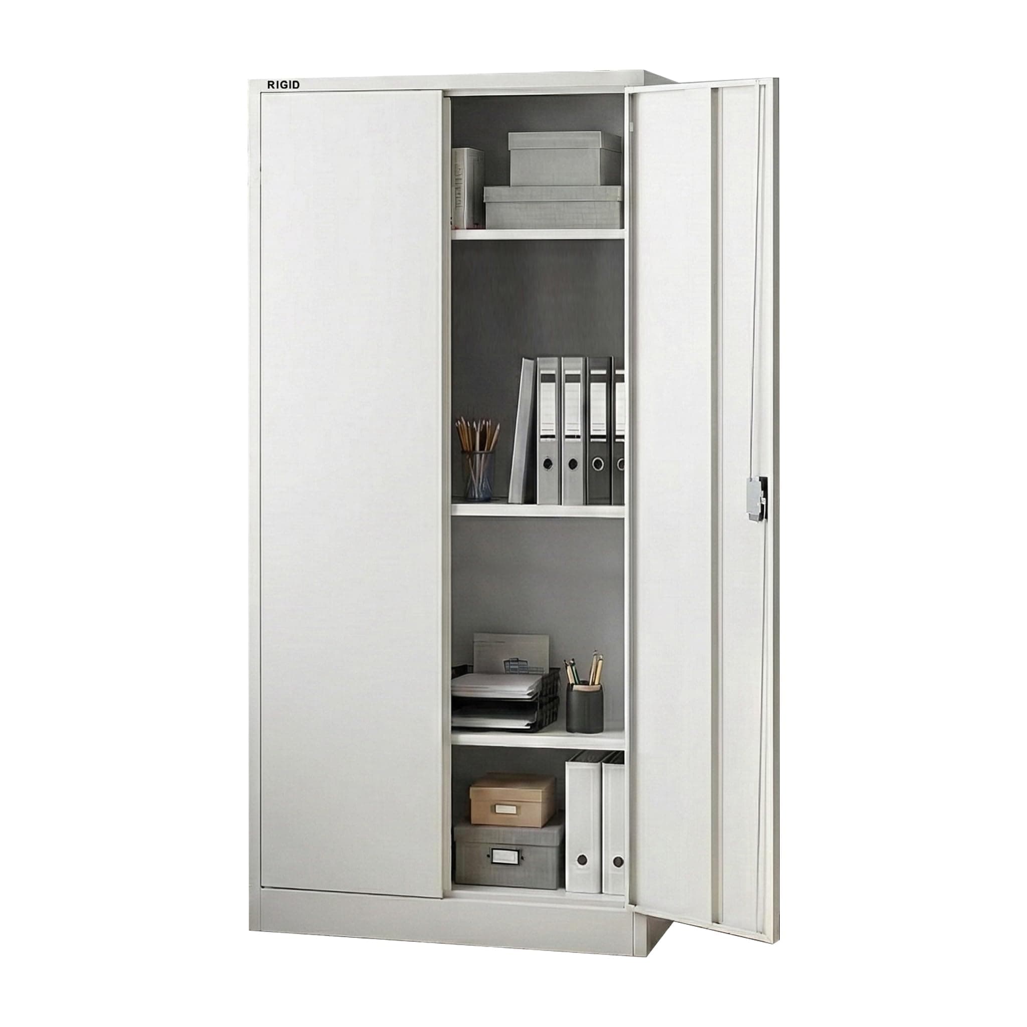 RIGID Steel Office Filing Cupboard with Key Lock, Pre-Assembled Metal Almirah Cabinet with 3 Adjustable Shelves, Storage Closet for Office, School, Home Use – White (39D x 85W x 180H cm)