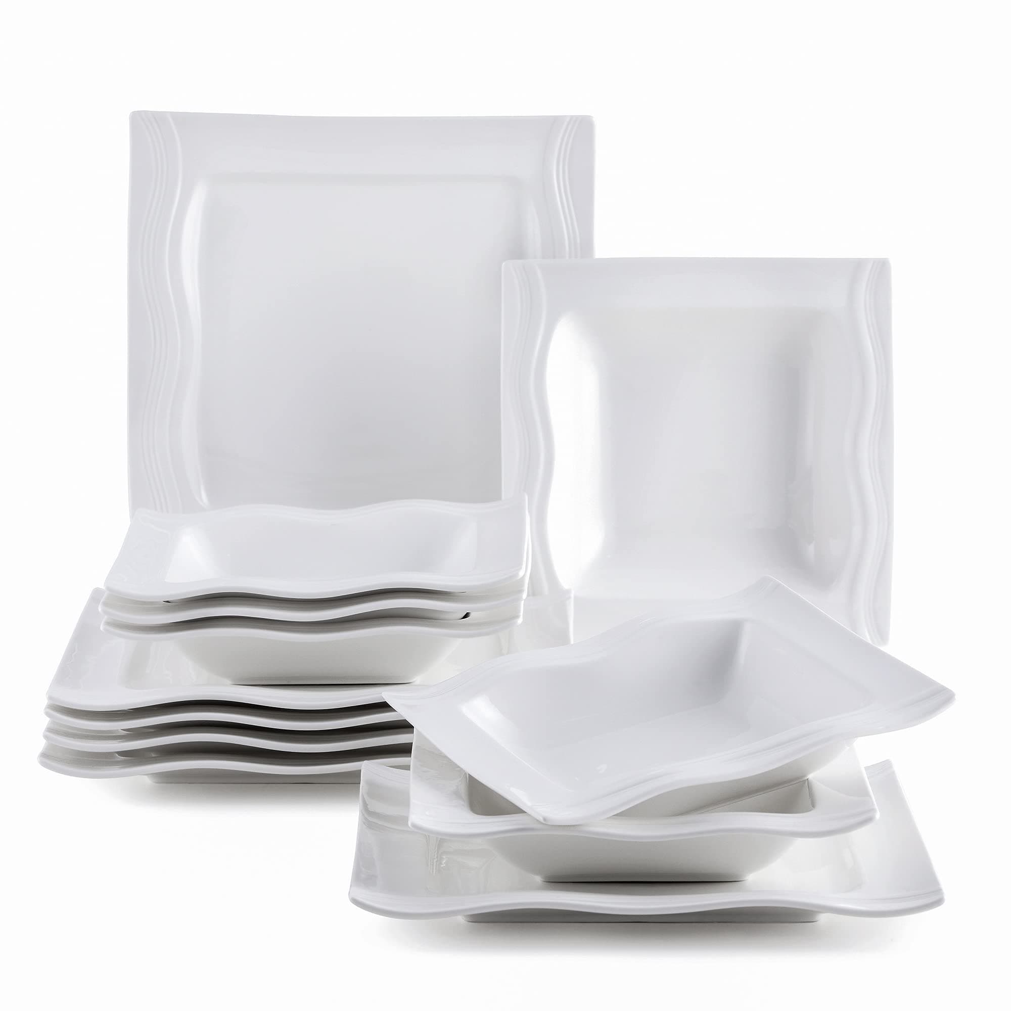 MALACASA Plates and Bowls Set, 12-Piece Square Dinner Sets Tableware with 6-Piece Porcelain Soup Plates/Dinner Plates, Plate Set Service for 6,Series Mario, Ivory White