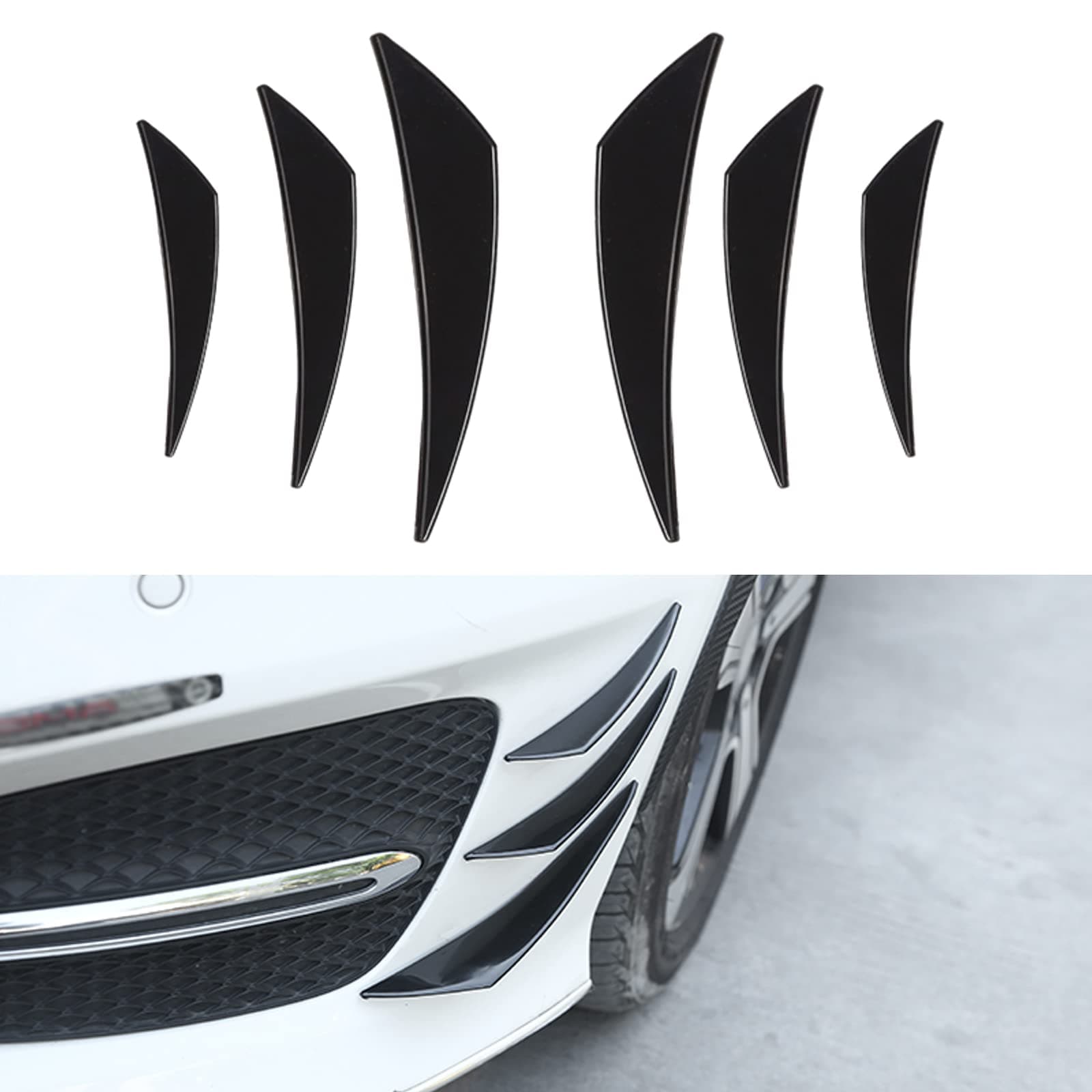 6 PCS Car Spoiler Canards Kit, Auto Front Bumper Lip Splitter, Body Anti-Collision Diffuser, Exterior Soft Rubber Decorative Accessories, Vehicle Universal Stickers (Glossy Black)