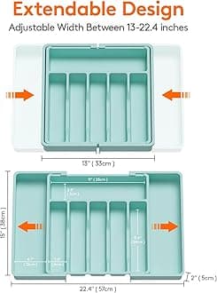 Lifewit Large Cutlery Tray for Drawers, Expandable Cutlery Holder, Utensil Holder for Kitchen Drawers, Adjustable Drawer Insert for Kitchen Organiser for Spoons, Forks, Knives, Turquoise