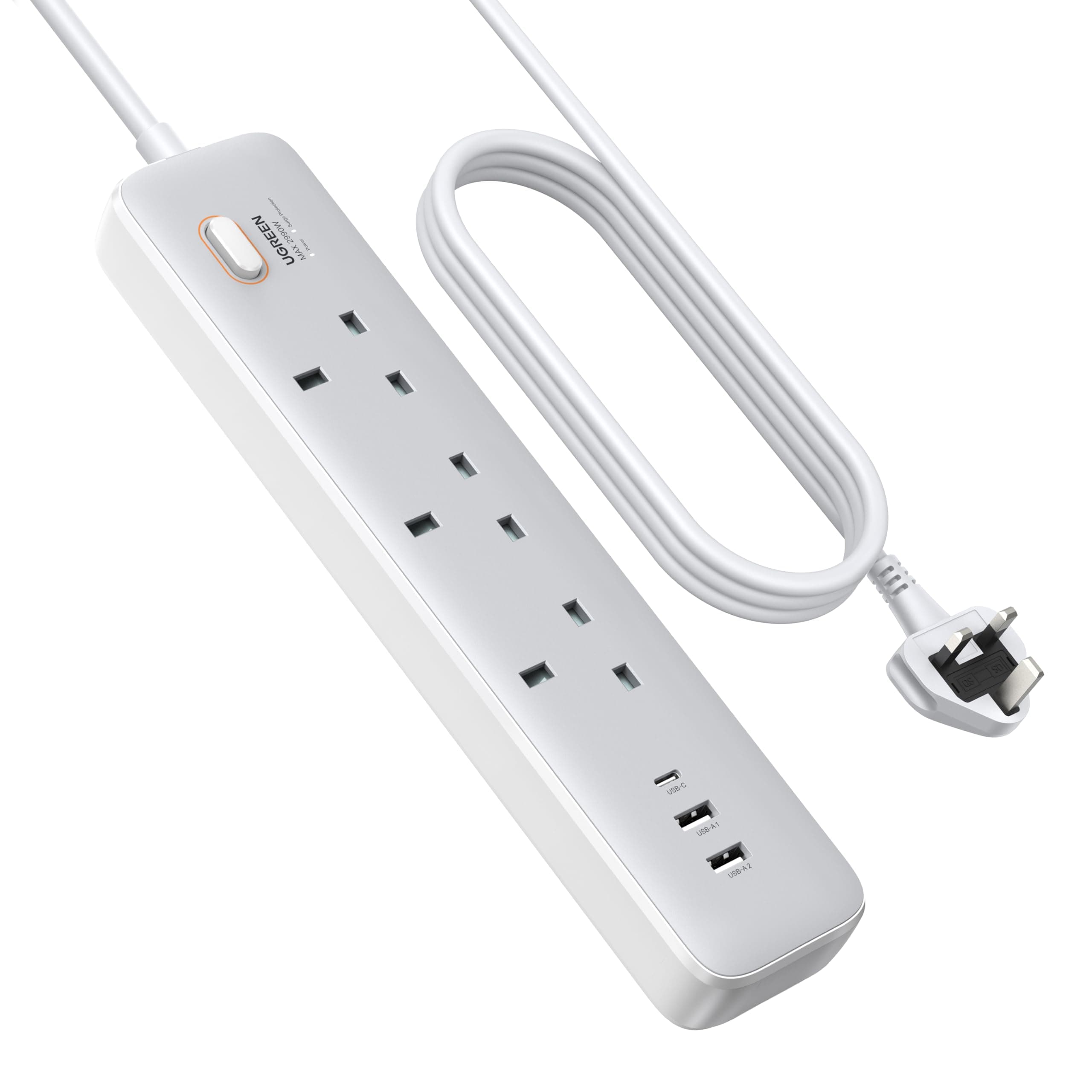 GaN 6-in-1 Surge Protector Power Strip with PD30W USB-C (2A1C), Overload/Short-Circuit/Overheat Protection Extension Cord with 3 AC Outlet, UK Plugs with 2M Lead for Home Office Travel, etc