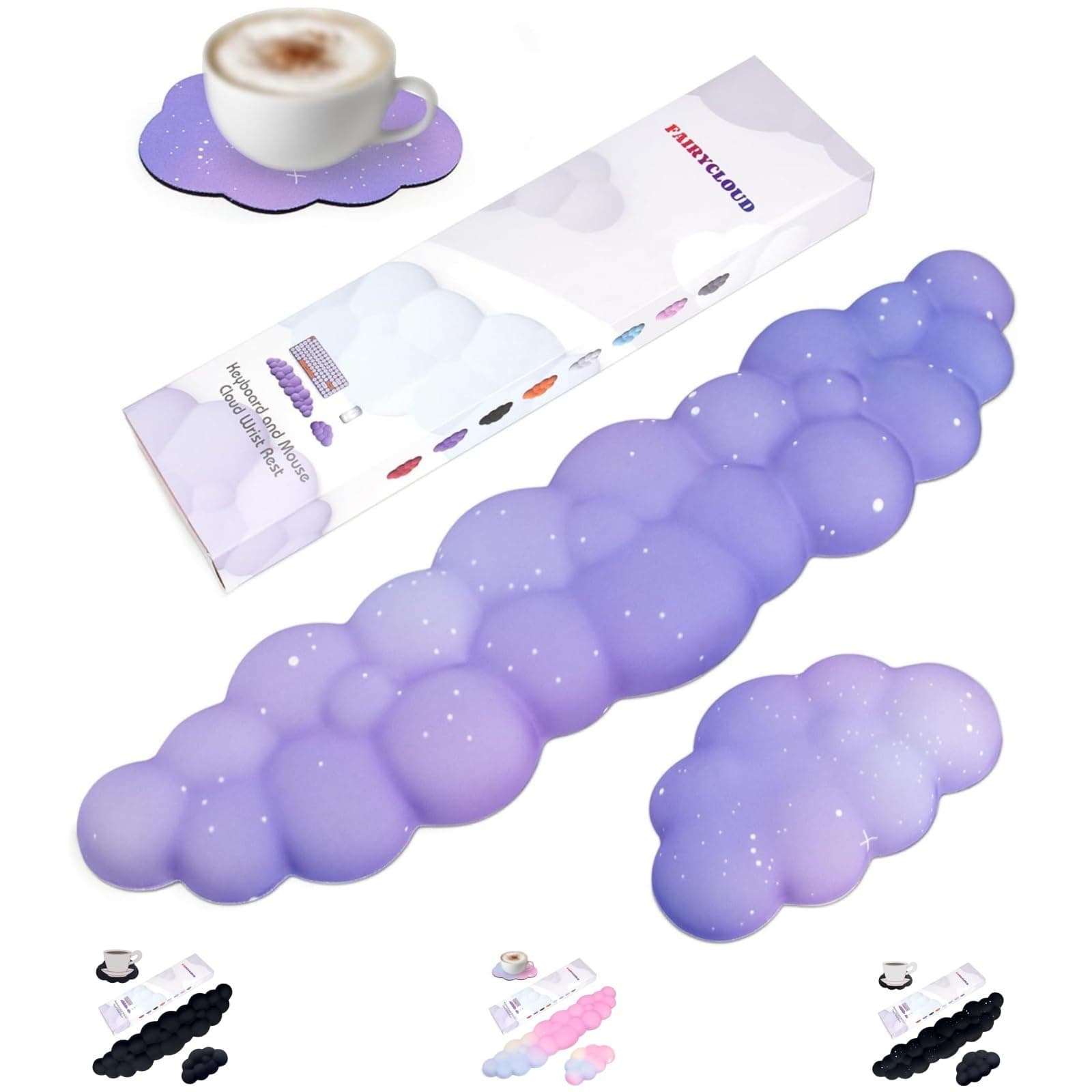 LJYZMD Cloud Wrist Rest Set for Keyboard and Mouse, Includes Cute Coaster, with Computers and Laptops（Purple Star Set）
