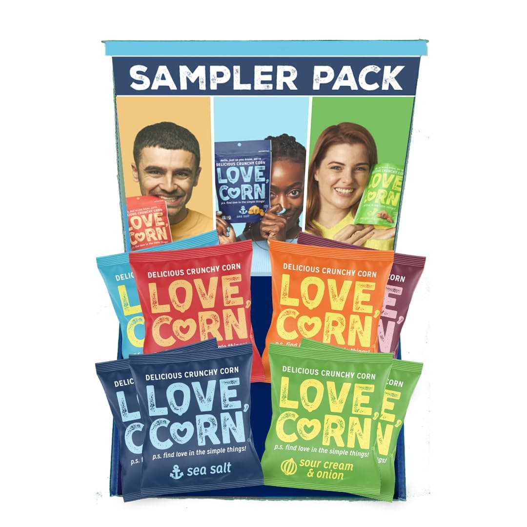 LOVE CORN Sampler Variety Pack 0.7oz x 8 Bags [2x Sea Salt, 2x Sour Cream and Onion, 1 Each of Cheddar, BBQ, Salt & Vinegar and Hot & Spicy] - Delicious Crunchy Corn - Healthy Family Snacks - Gluten Free, Kosher, NON-GMO