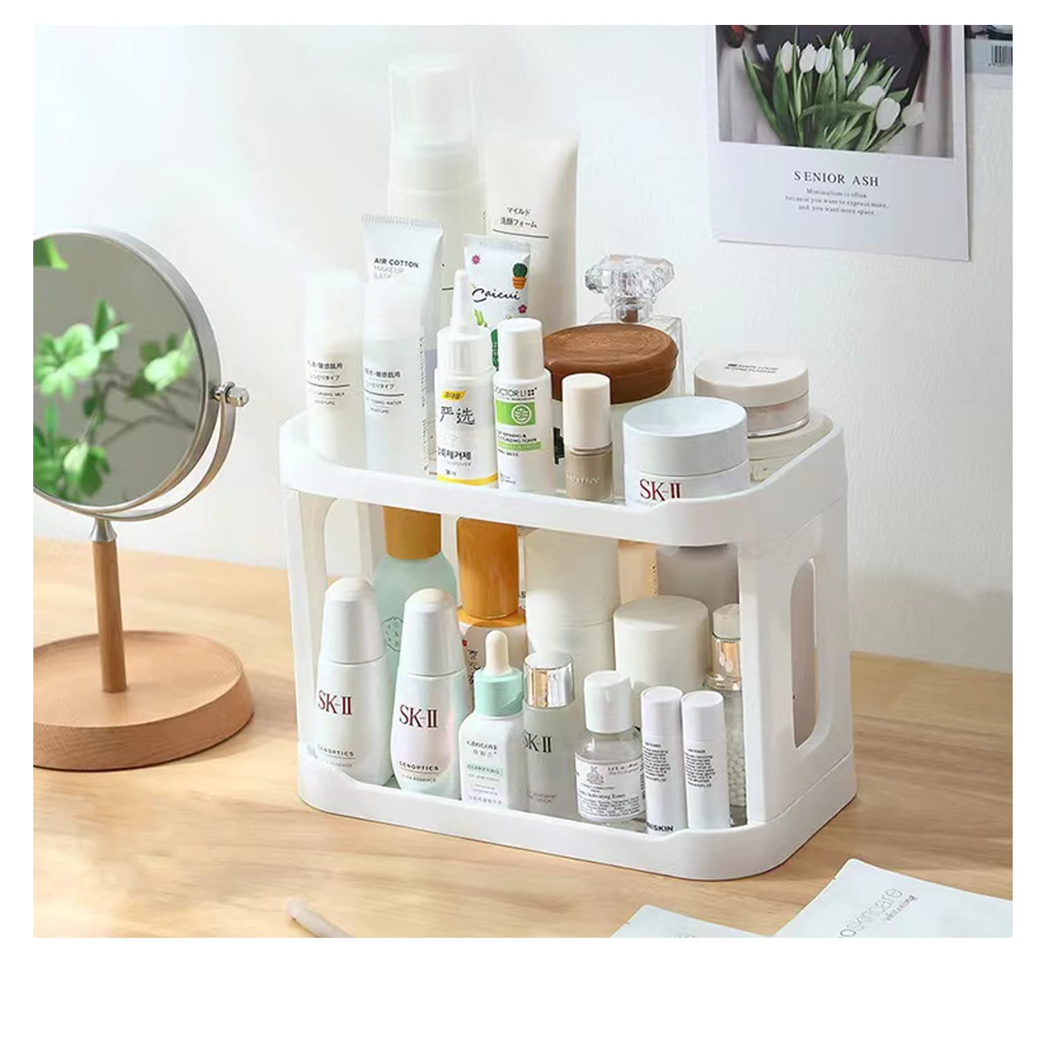 HASPINH 2 Tier Makeup Organizer, Foldable Cosmetic Storage Display box, Large Capacity Bathroom Countertop Organizer Shelf, Perfume Organizer, Vanity Organizer, Skincare Organizers, Kitchen, White