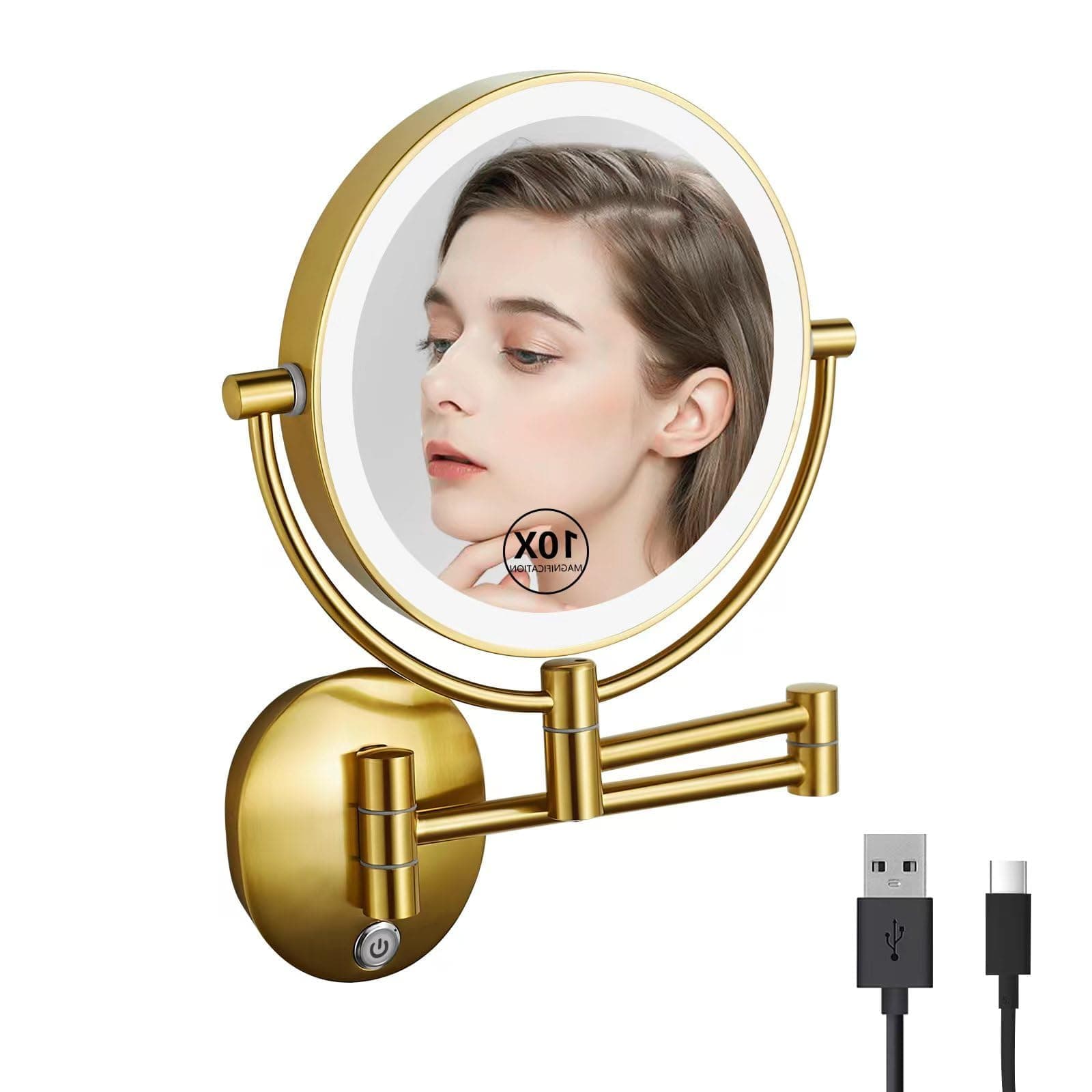 Wall Mounted Makeup Mirror with 10X Magnification, 8 Inch Double Sided Vanity Magnifying Vanity Mirror with Led Lights, USB Rechargeable, Touch Control ON/Off (Antique Brass)