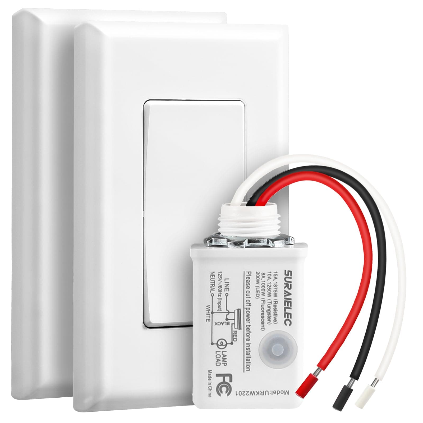 Wireless Light Switch and Receiver Kit, 15A High Power, No Wiring, 100ft RF Range, Programmable Remote Control 3 Way Wall Switches for Lamp, Ceiling Light, Fan, Outdoor Lighting