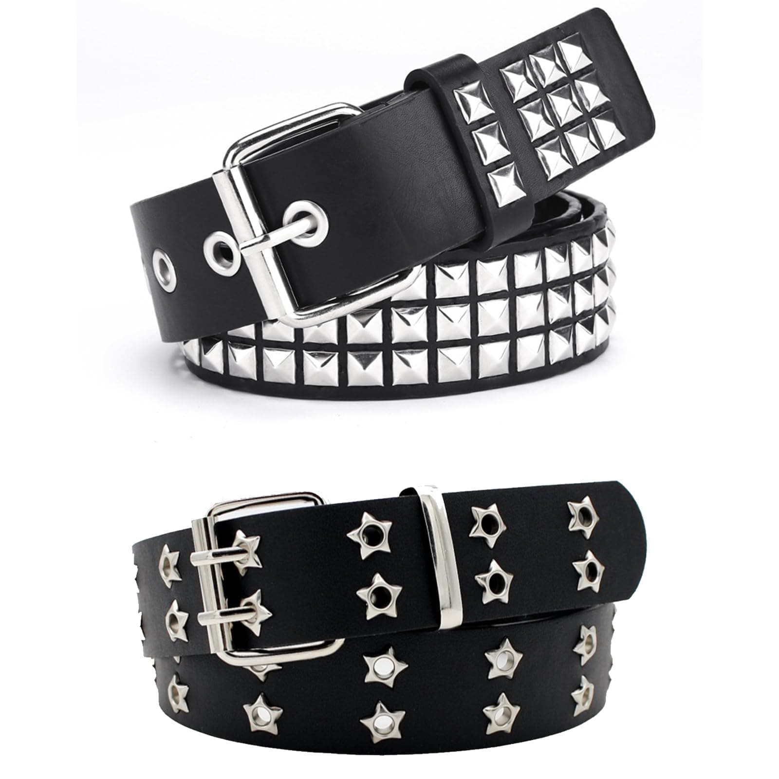 2pcs Studded Gothic Belt - Bright Pyramid Rivets Rock Punk Leather Belt for Jeans Rockwear - Women/Men Gothic Accessories