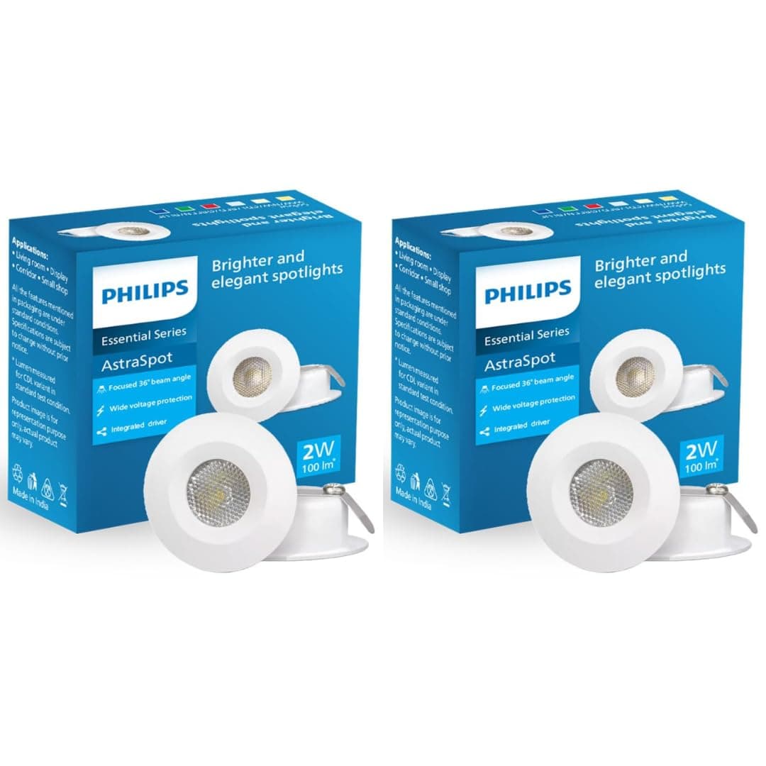 PHILIPS Plastic Astra Spot 2-Watt LED Spotlight || LED Spotlight for Display || Cutout:35Mm || Warm White, Pack of 2
