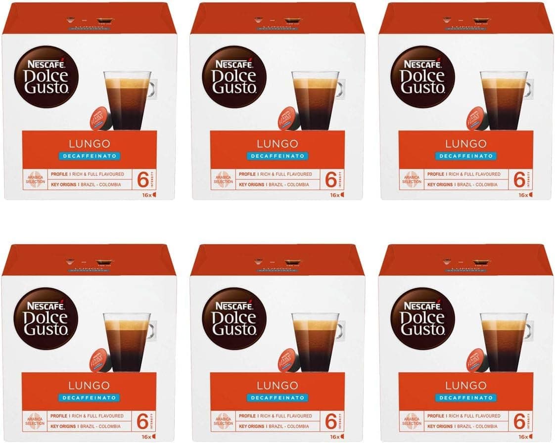 NESCAFÉ Dolce Gusto Lungo Decaffeinated Coffee Pods x16 (Pack of 6, Total 96 Pods)