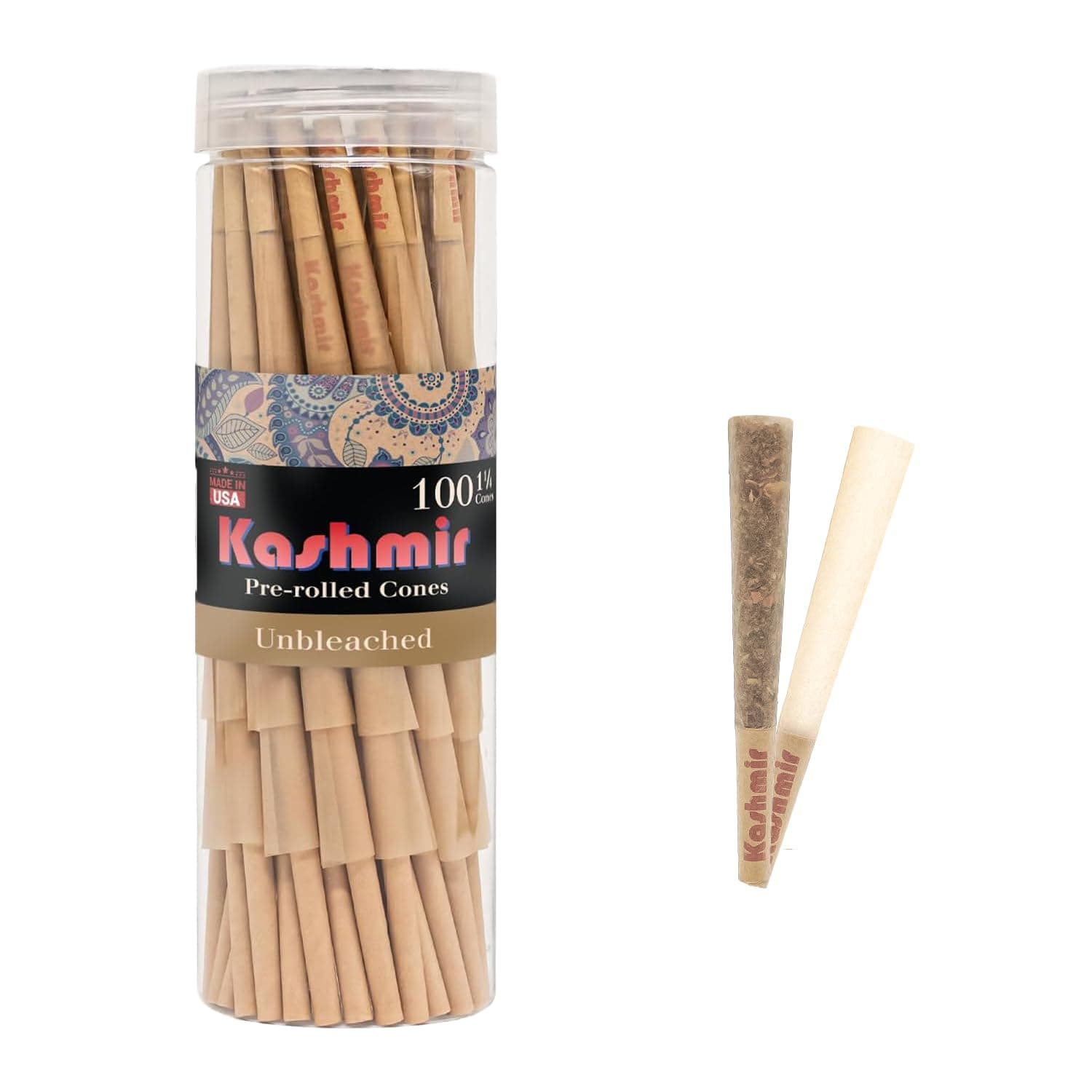 Kashmir PreRolled Cones Unbleached 1 1/4 Size – 100 Pack Rolling Papers with W-Shaped Tips – Natural Fiber Cones – Slow Burn, Easy Fill, Even Smoke – 79mm Pre Rolls