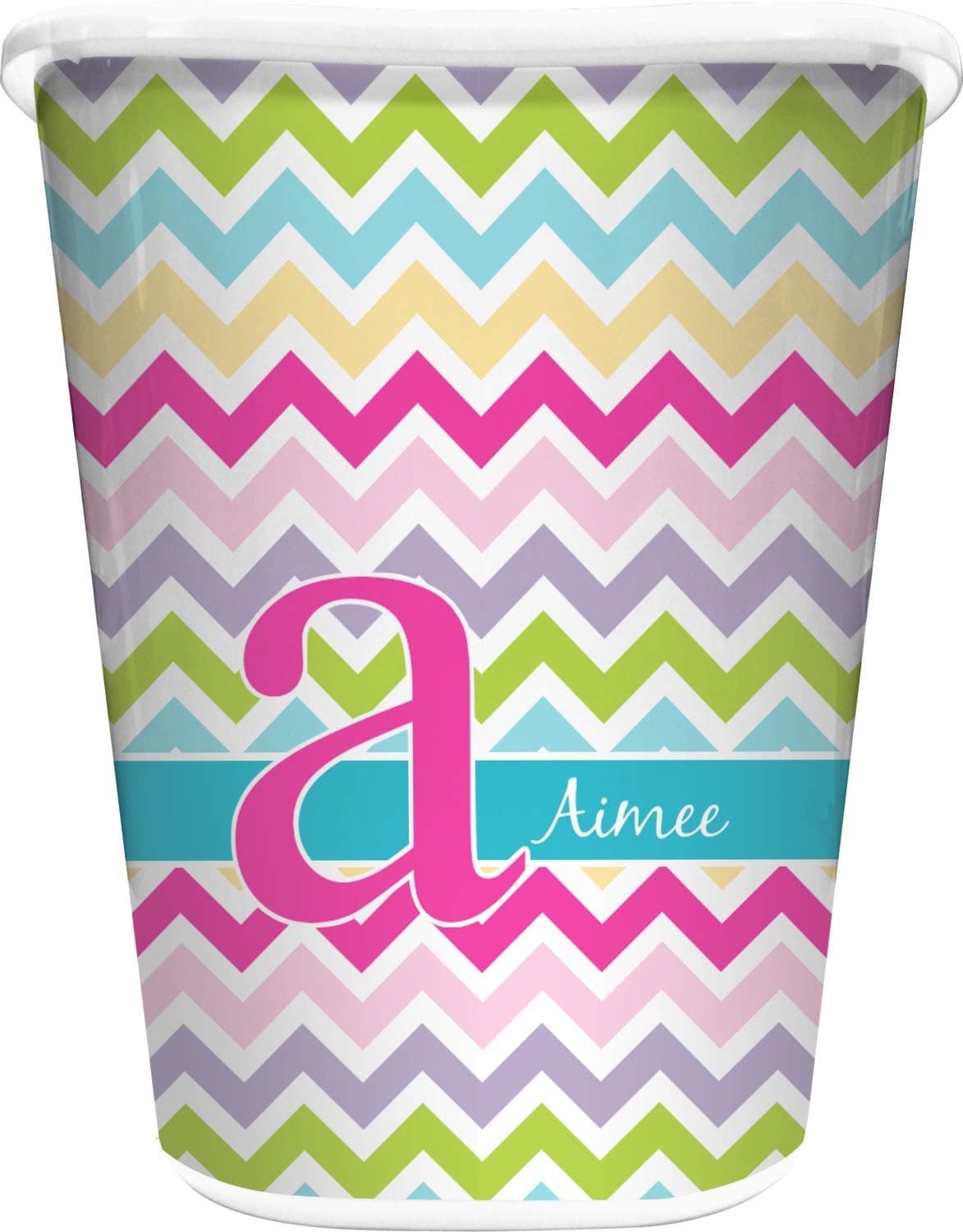 RNK Shops Personalized Colorful Chevron Waste Basket - Single Sided (White)