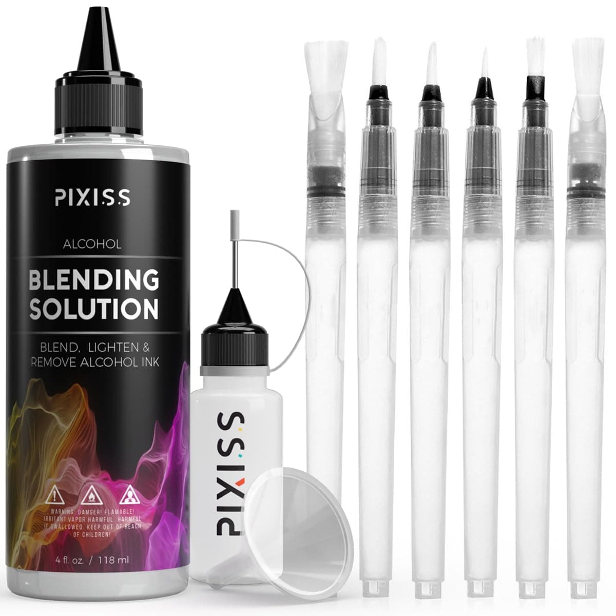 Alcohol Ink Blending Solution (4oz) and Water Brush Pen (6pk) - Watercolor Blending Brush Pens for Alcohol Ink Painting with Various Tips with Alcohol Blending Solution
