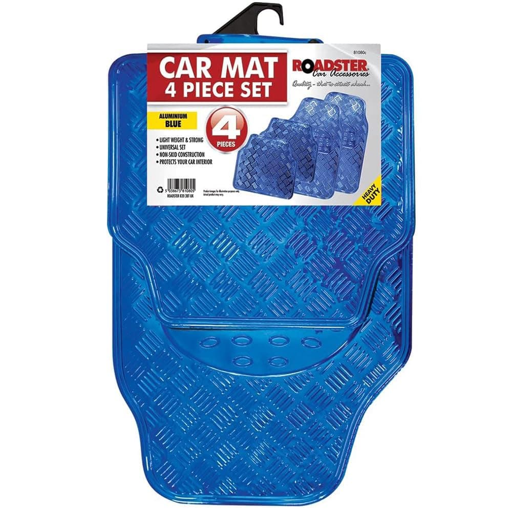 4pc Heavy Duty Blue Alloy Checker Plate Mat - Aluminium Effect Car Mats Set Van | Waterproof Weaterproof | Strong Pack Of 4 Rear And Front Mats