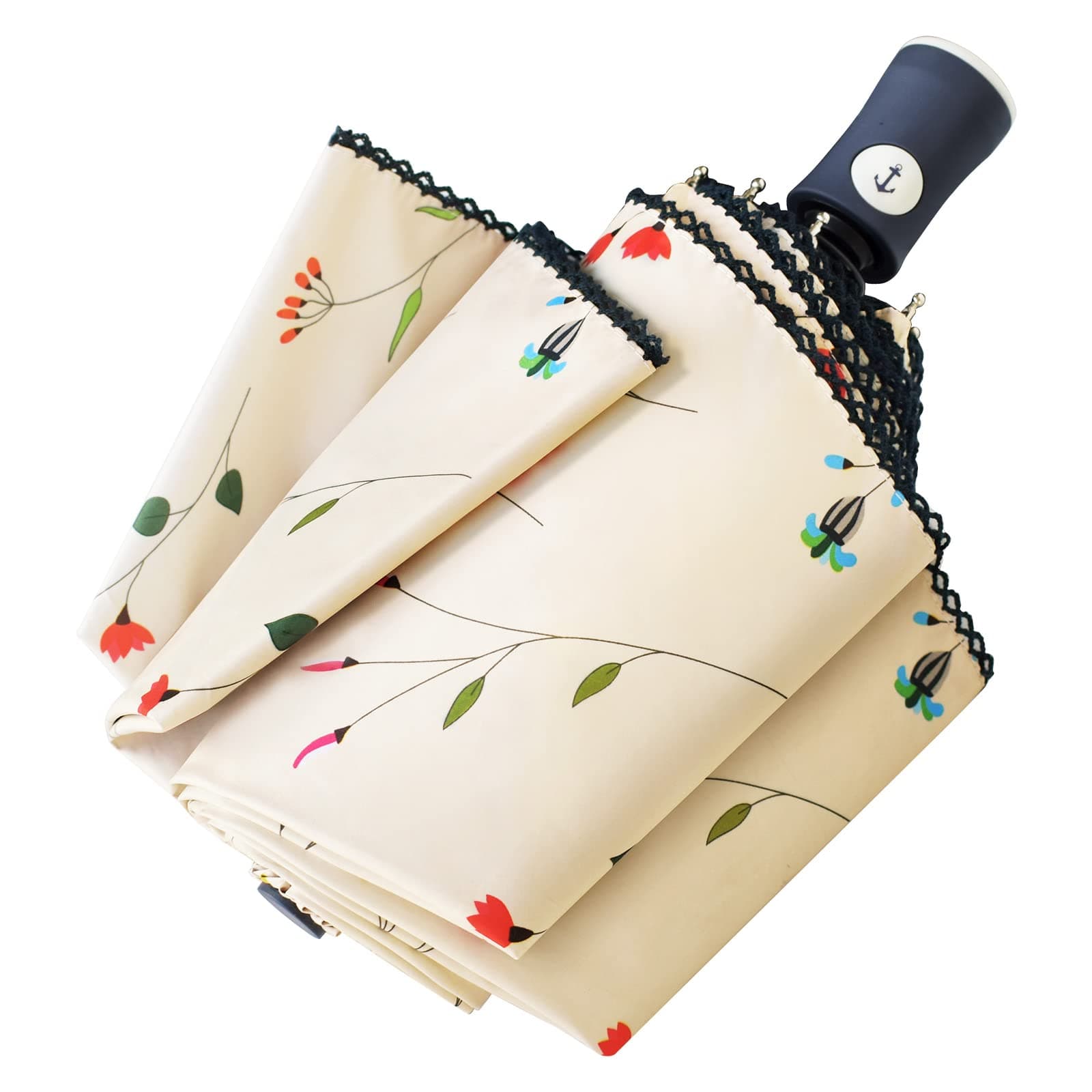 Cuby Travel Umbrella Compact Folding Auto Open and Close for Windproof, Rainproof & 99.9% UV Sun Protection Parasol with Black Anti-UV Coating (Flowers)