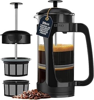 P3 French Press Coffee Maker – Patented Double Micro-Filter for Grit-Free Brew, Heat Resistant thicker Borosilicate Glass Coffee press – (Black 18 oz)