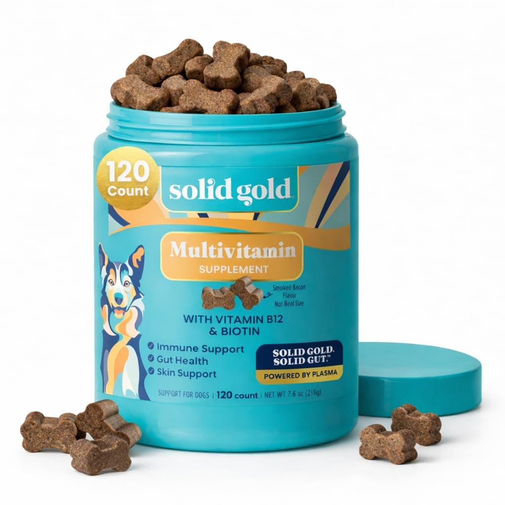 Solid Gold Dog Multivitamin - Soft Dog Vitamins & Supplements Chews - All-in-One Heart, Immune, Brain, Skin, Coat & Gut Health Support w/Vitamin C, B12, Probiotics & Antioxidants - Bacon Flavor 120ct