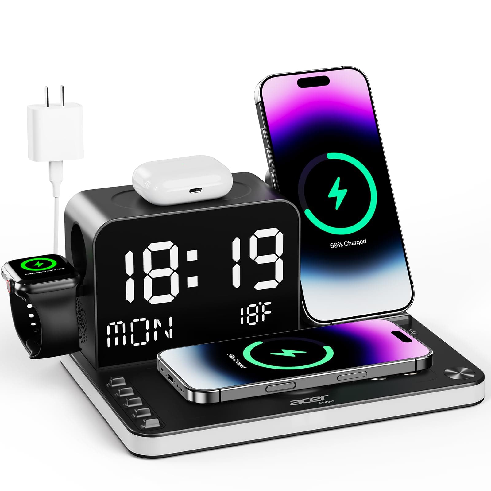 acer 7-in-1 Wireless Charging Station with Adjustable Brightness Night Light, Compatible with iPhone 16/15/14/13/12 All Series, Android Phones, AirPods, and iWatch, Fast Charger with Time Display