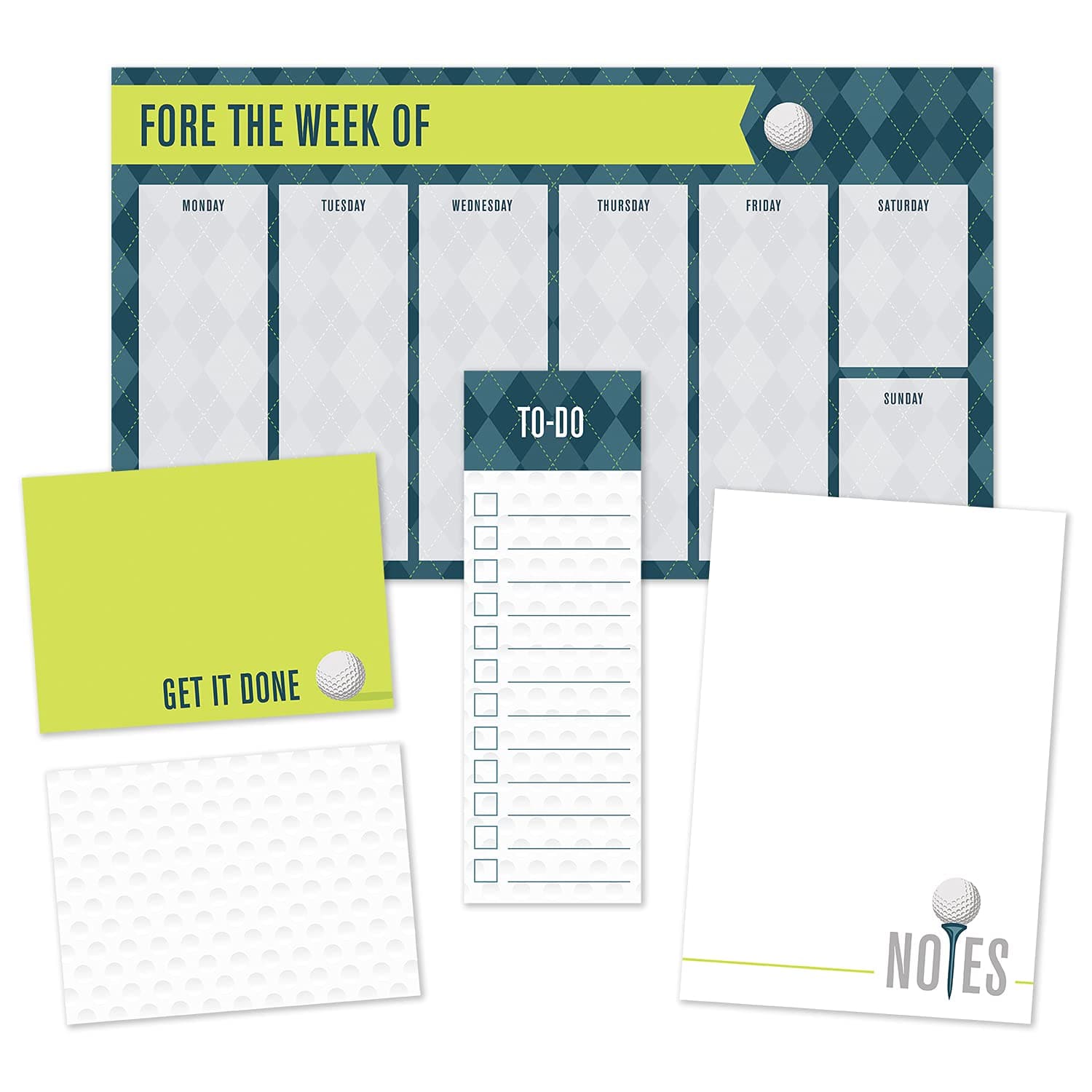 Golf Themed Sticky Note Ensemble Set / Sports Repositionable Notepad Desk Set / 5 Athletic Designs in Various Sizes / Made in USA