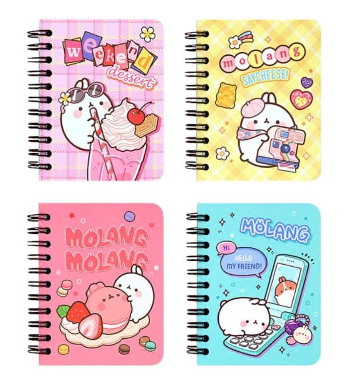 Molang MSGlobal 4 Pack Hard Cover Mini Ruled Spiral Notebook, Small Notepads 3.5x4, 4Designs, About 85 Pages Per Book