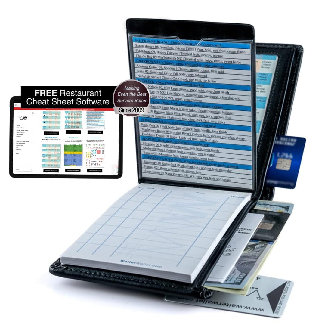 Waiter Wallet Deluxe (Black) Server Book Organizer with Clear Pocket Insert for Waiters and Waitresses | Includes Restaurant Guest Order Pad | Medium Size fits Apron Pockets | 4.75" x 6.75"