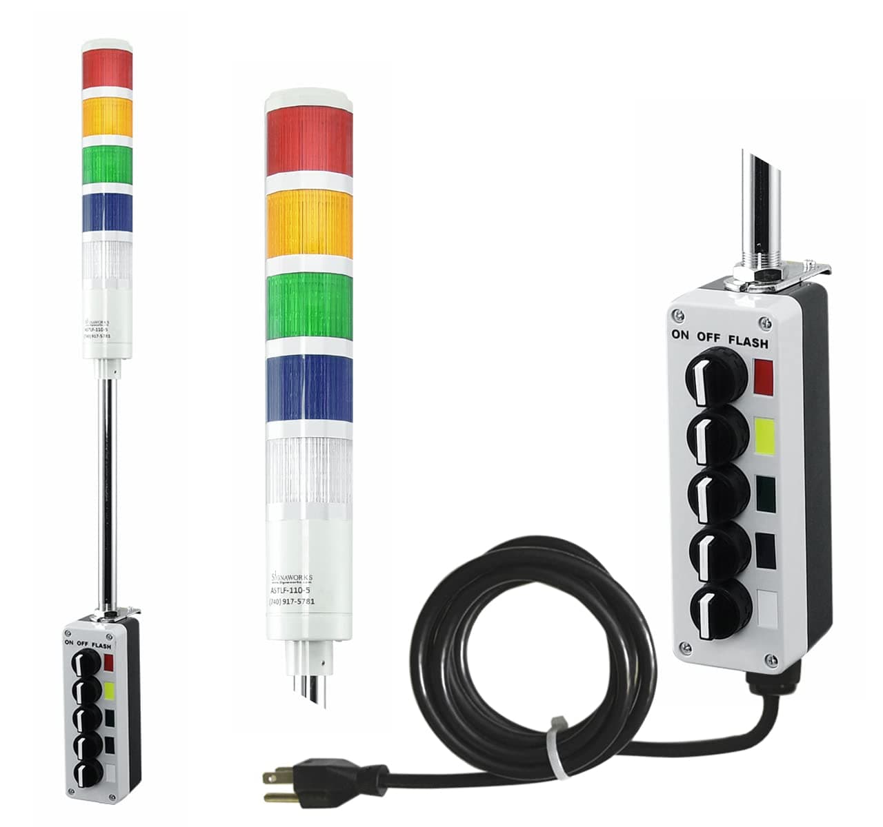 Signaworks 5 Stack Super Bright LED Andon Tower Light, 3 Pos On-Off-Flash, Red/Amber/Green/Blue/White, 8ft Industrial Power Cord, Plug & Play Ready, 3 Prong Plug Meets OHSA Standard *Assembled in USA*