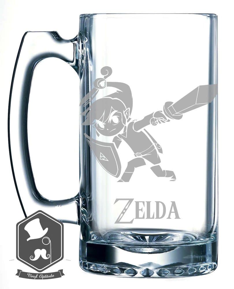Zelda Link Master Sword Slash Video Game Inspired 25 OZ Hand-made Etched Beer Mug Glass Stein