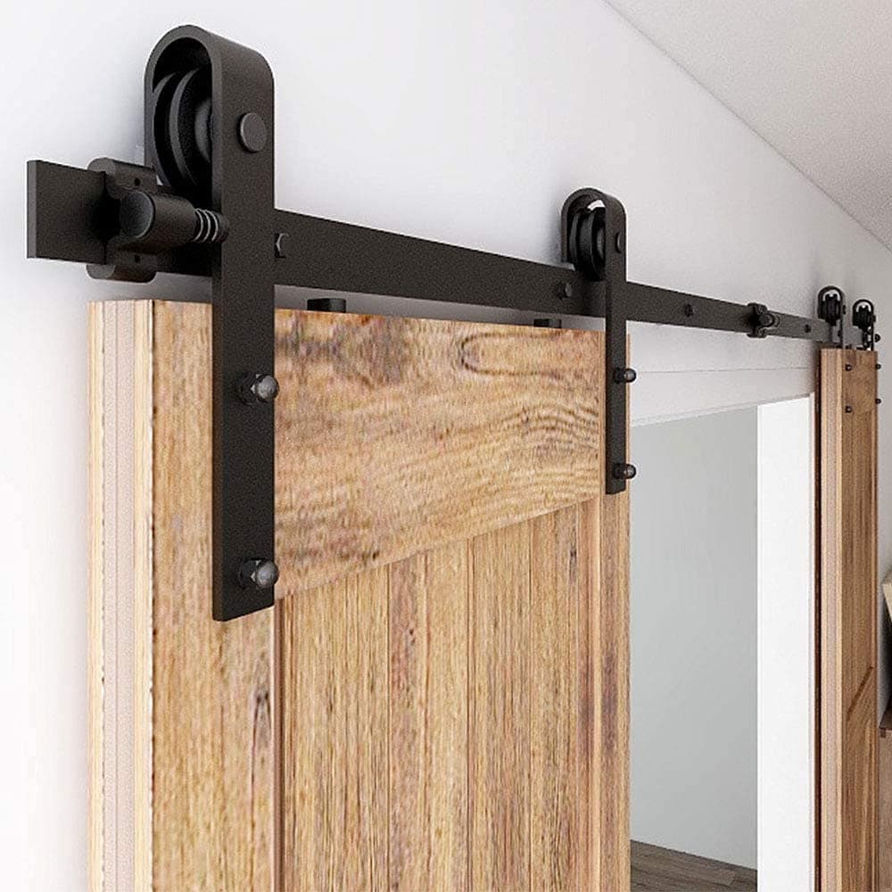 5.5FT Sliding Barn Door Hardware Kit, Heavy Duty, Smoothly and Quietly, Easy to Install, Fit 16" Width Double Door Panel, Basic Style Hangers Black
