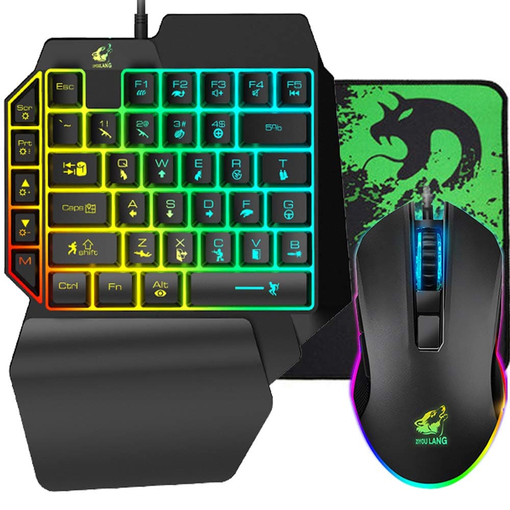 One Handed Gaming Keyboard and Mouse Combo, 39 Keys USB Wired Gaming Keypad with Wrist Rest, Rainbow Backlit Mechanical Feel Anti-Ghosting Keyboard, 6-Button Adjustable DPI Mouse for PC