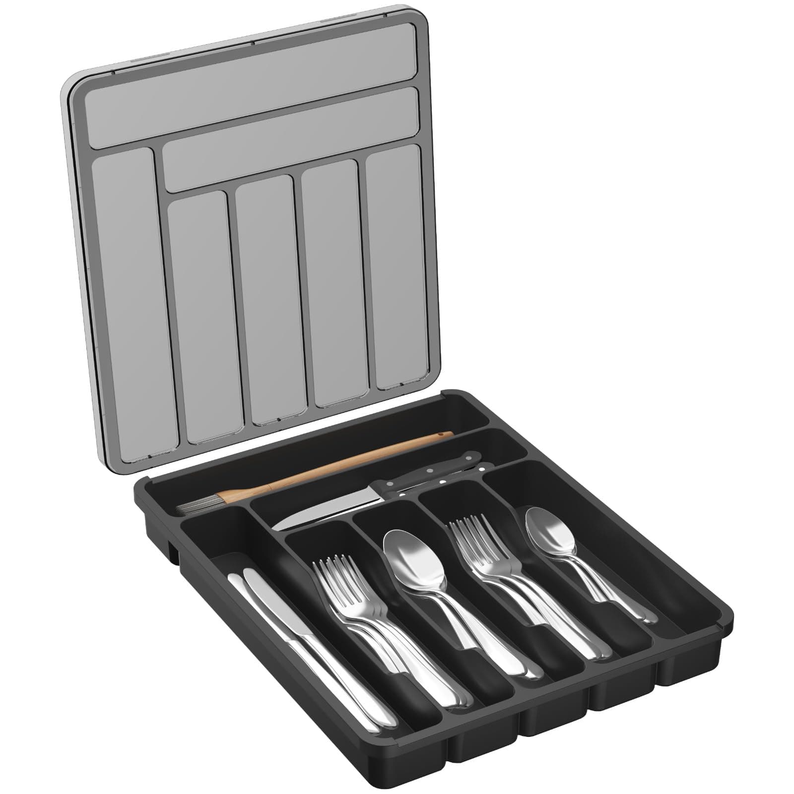 Lifewit Silverware Organizer with Lid, Covered Utensil Tray for Kitchen Drawer and Countertop, Plastic Cutlery and Flatware Storage Box for Spoons Forks Knives Holder Case, 7 Compartments, Black
