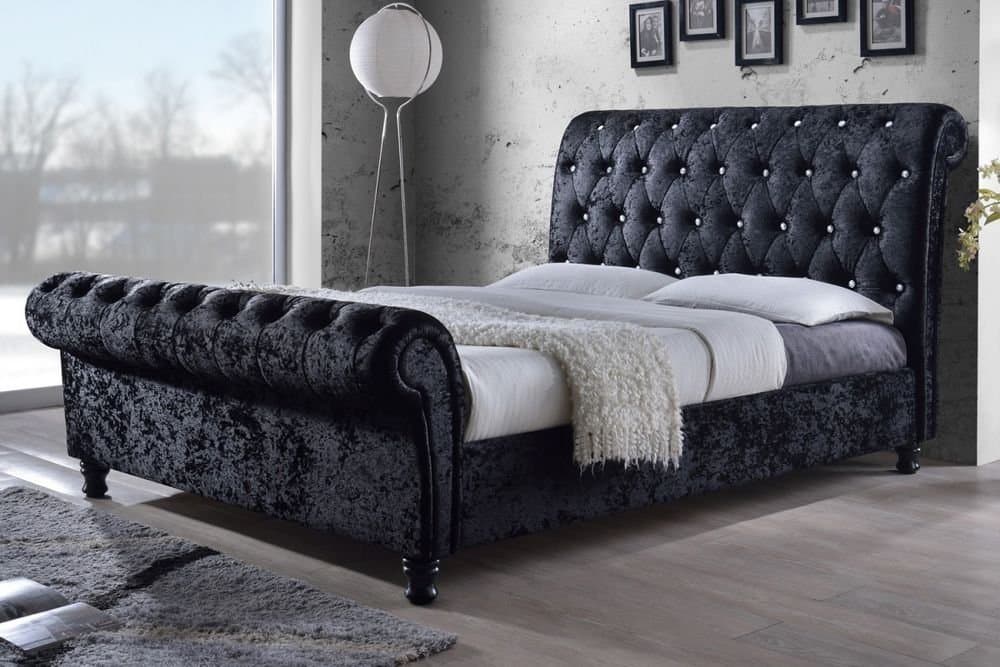 CHESTERFIELD CASTELLO Classy Modern Bed Frame Sleigh Style Fully Upholstered Designer bed in Crushed Velvet (4FT 6'' Double,CHARCOAL)