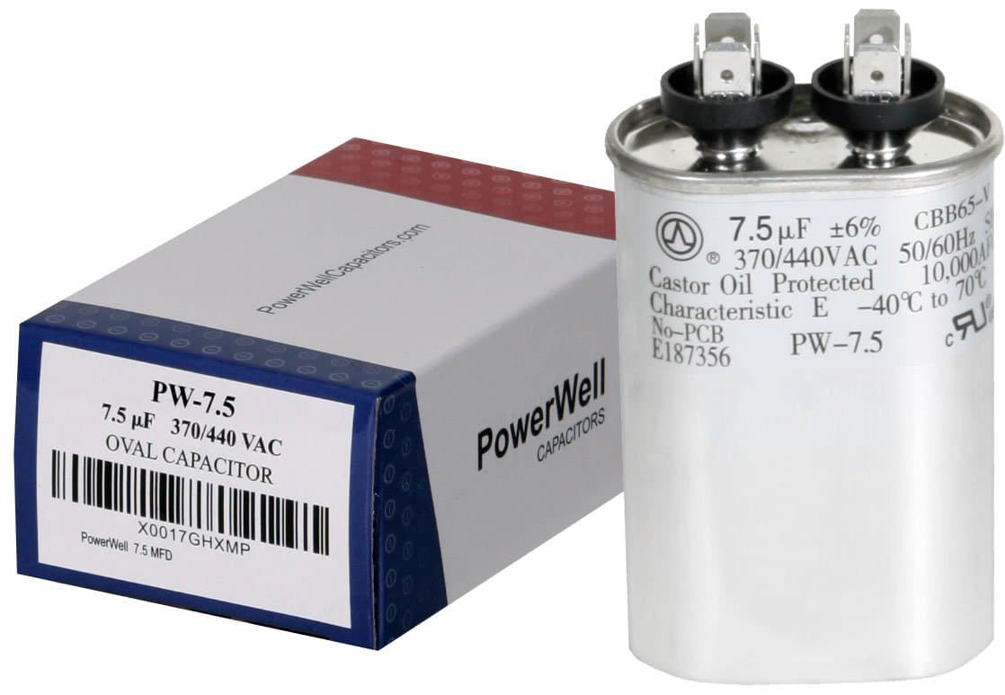 7.5 uf MFD 370 or 440 VAC Oval Run Capacitor PW-7.5 for Fan Motor Blower Condenser in Air Handler Straight Cool or Heat Pump Air Conditioner - Guaranteed to Last 5 Years